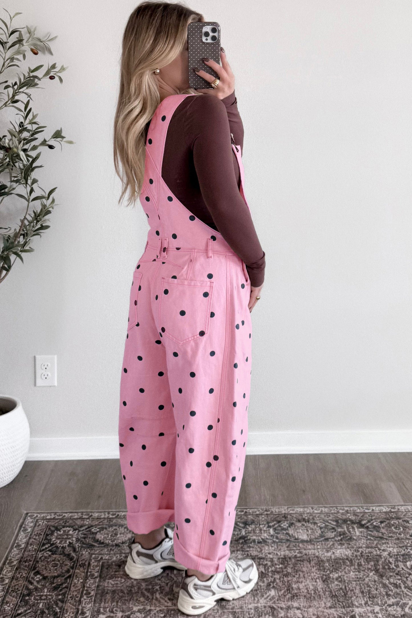 Jet Stream Polka Dot Print Bib Pocket Denim Barrel Overalls Jumpsuit