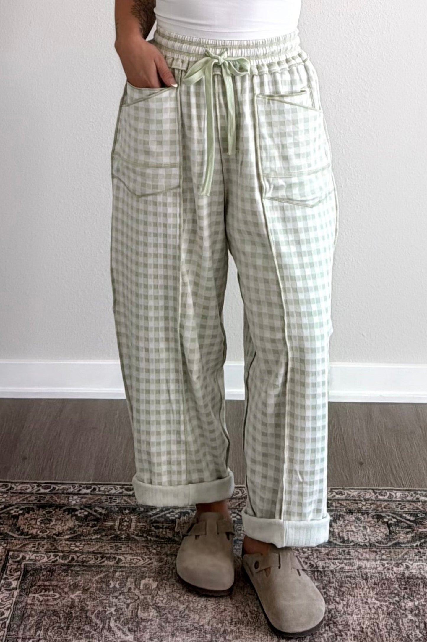 Red Plaid Contrast Trim Drawstring Elastic Waist Shift Pants