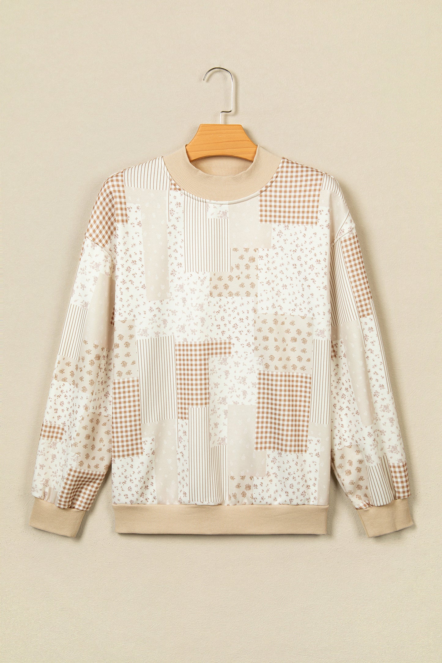 Khaki Patchwork Floral Print Mock Neck Long Sleeve Sweatshirt