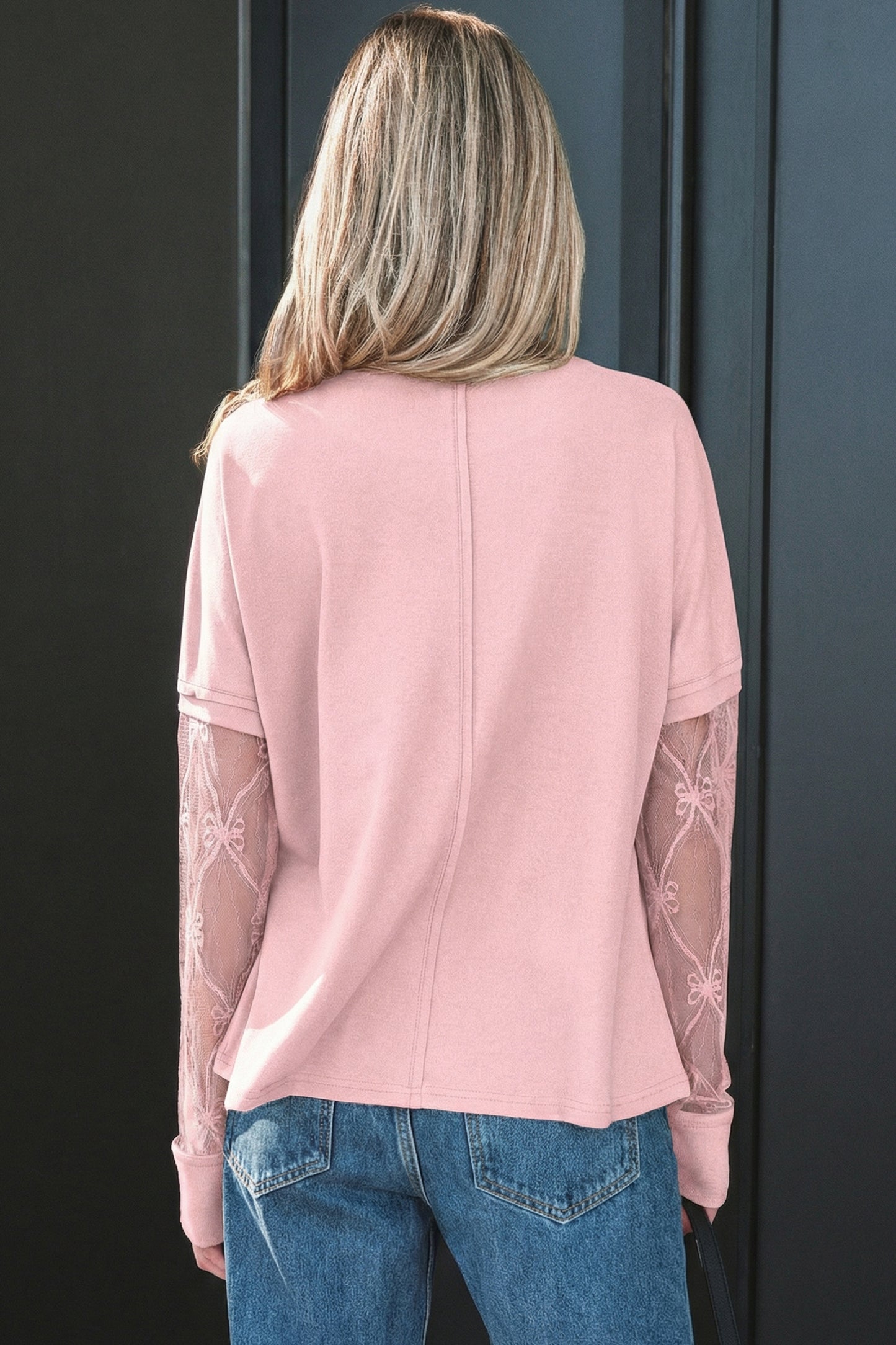 Black Solid Color Bow Textured Patchwork Long Sleeve Tee