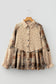Oatmeal Boho Floral Plaid Patchwork Distressed Detail Ruffled Sleeve Waffle Knit Shacket