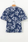 Blue Floral Print Short Puff Sleeve Striped Trim V Neck Blouse