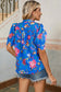 Blue Floral Short Puff Sleeve Button Up Shirt