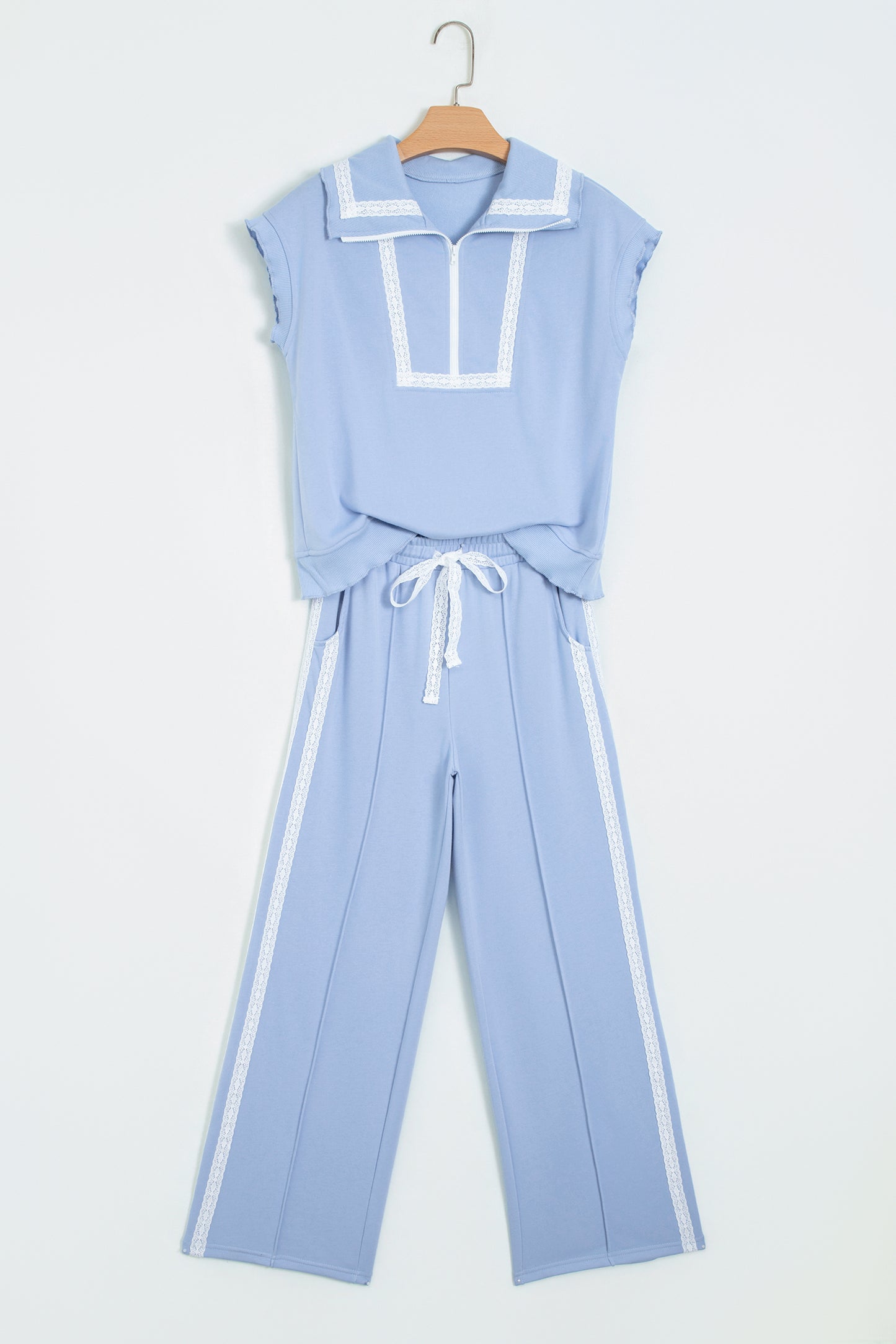 Sky Blue Lace Accent Zipped Collar Short Sleeve Top Sweatpants Set
