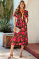 Green Floral Print Striped Trim Split Neck Short Puff Sleeve Ruffle Hem Maxi Dress