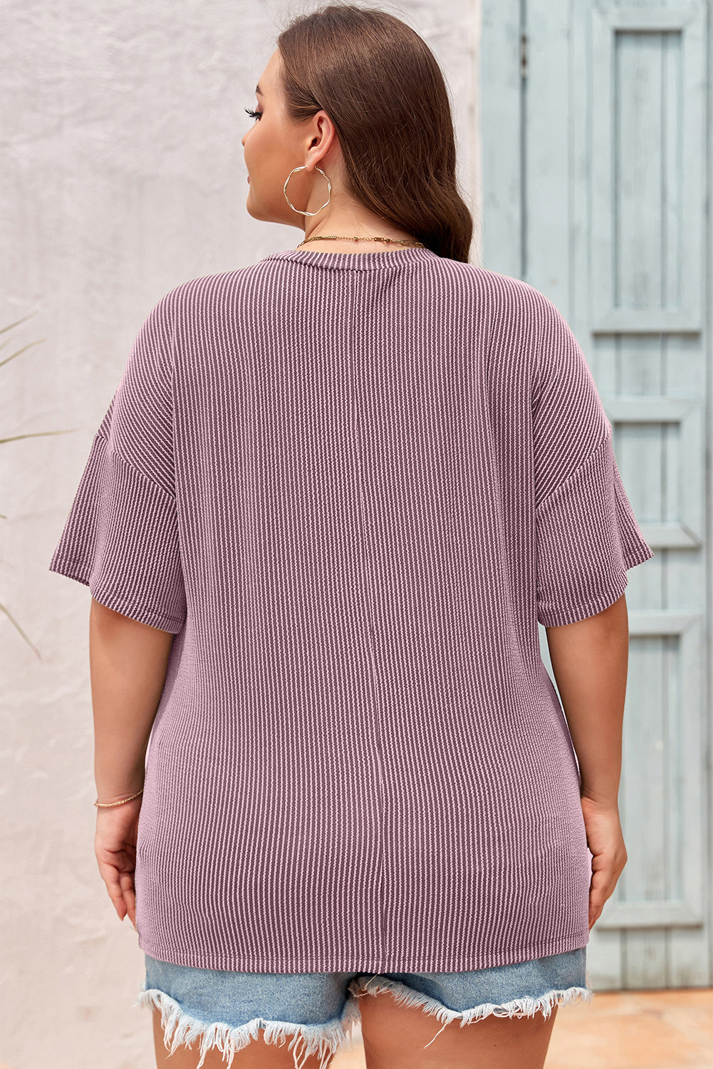 Light Grey Textured V-Neck Dropped Shoulder Plus T-Shirt