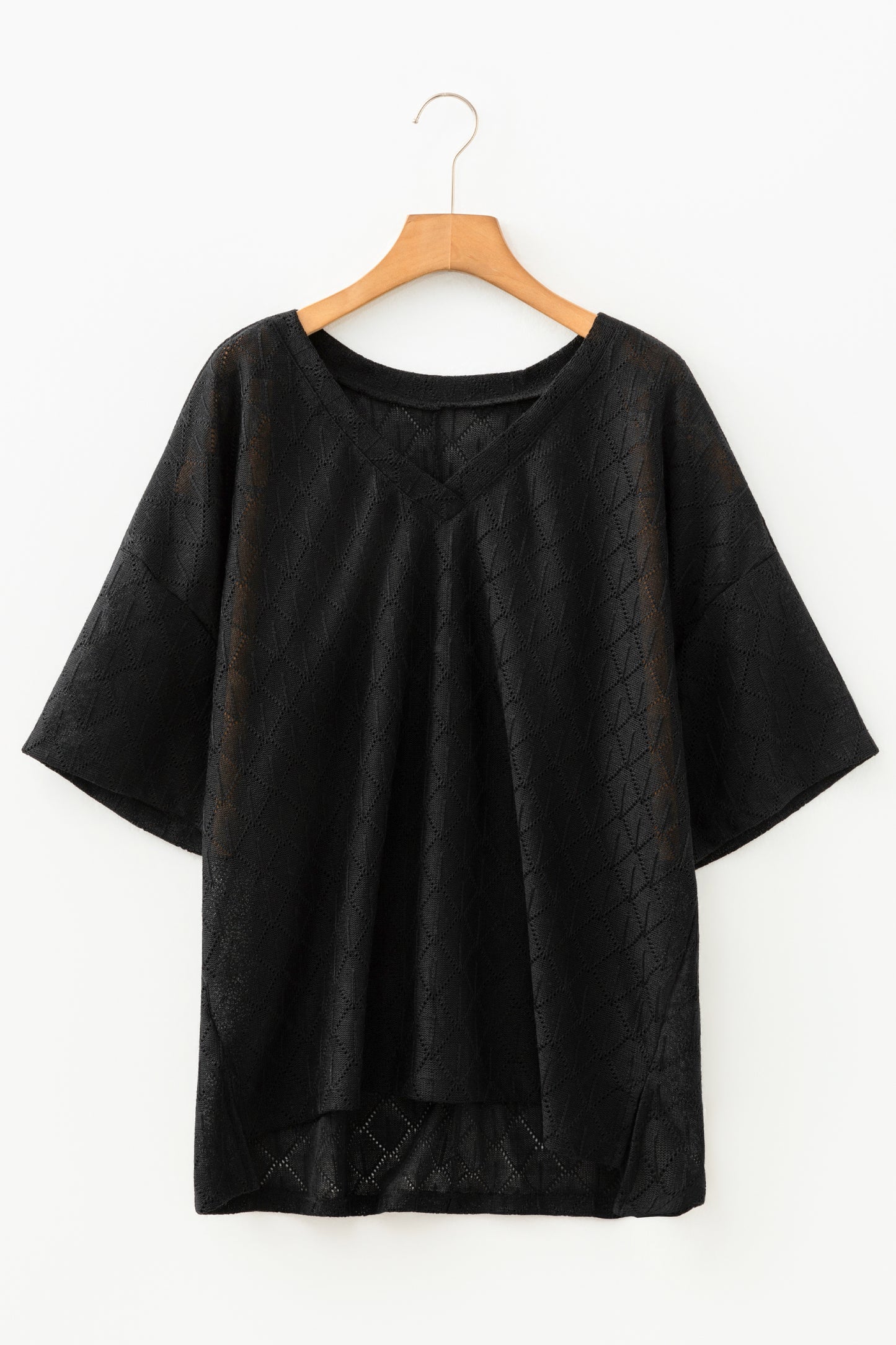 Golden Fleece Pointelle Rhombus Knit Plus Size V Neck Loose Top