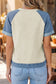 Beige Denim Color Block Patchwork Round Neck Tee