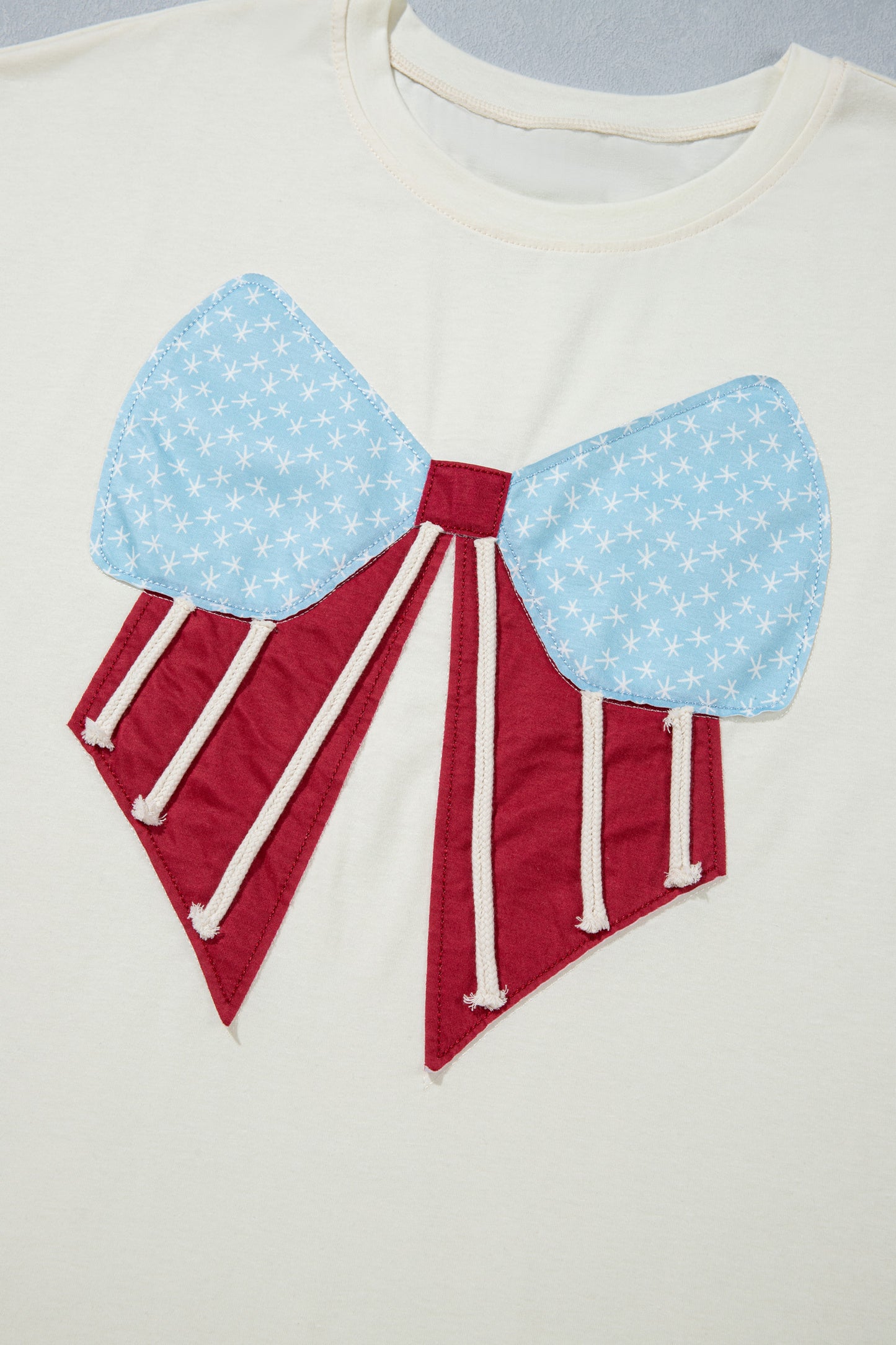 White Distressed Flag Bow Patched Plus Size T Shirt