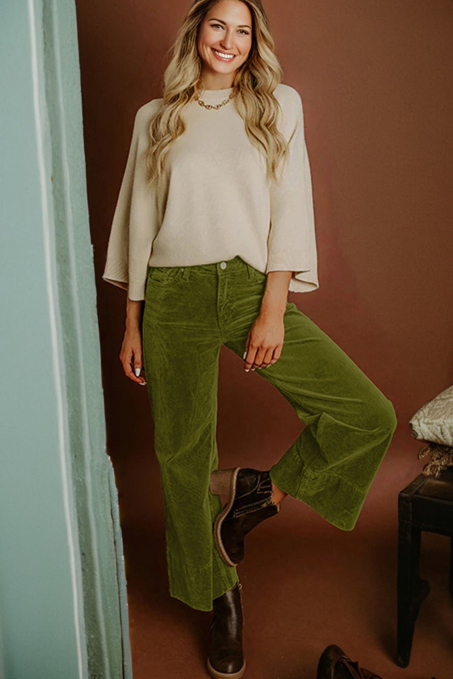 Burgundy Corduroy Solid Color High Waist Wide Leg Pants