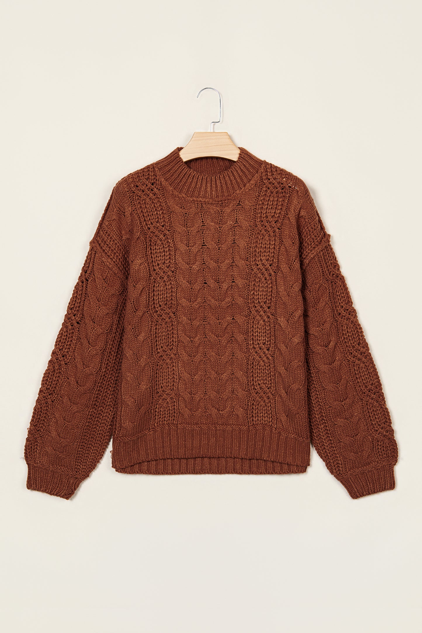 Coffee Solid Color Cable Knit High Neck Loose Pullover Sweater