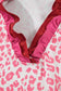 Pink Stripe Ruffled Trim V Neck Leopard Print Short Sleeve Blouse