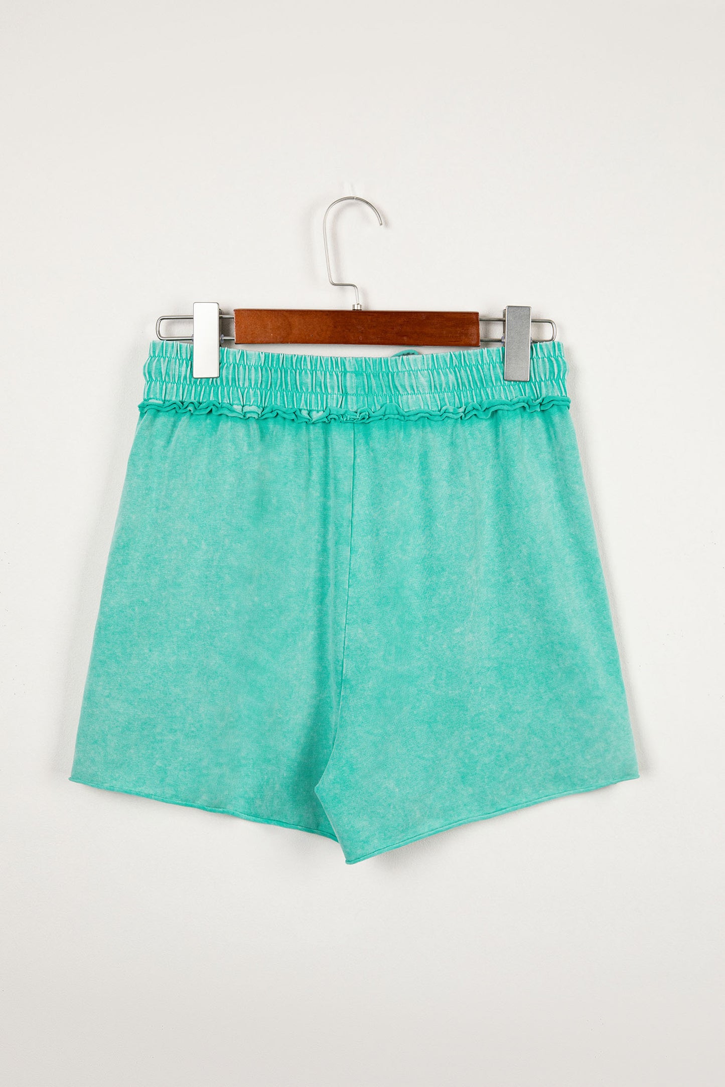 Sky Blue Mineral Washed Drawstring Elastic Waist Raw Cut Shorts