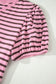 Rose Stripe Striped V-Neck Ribbed Collar Cuff Gathering Puff Sleeve Top