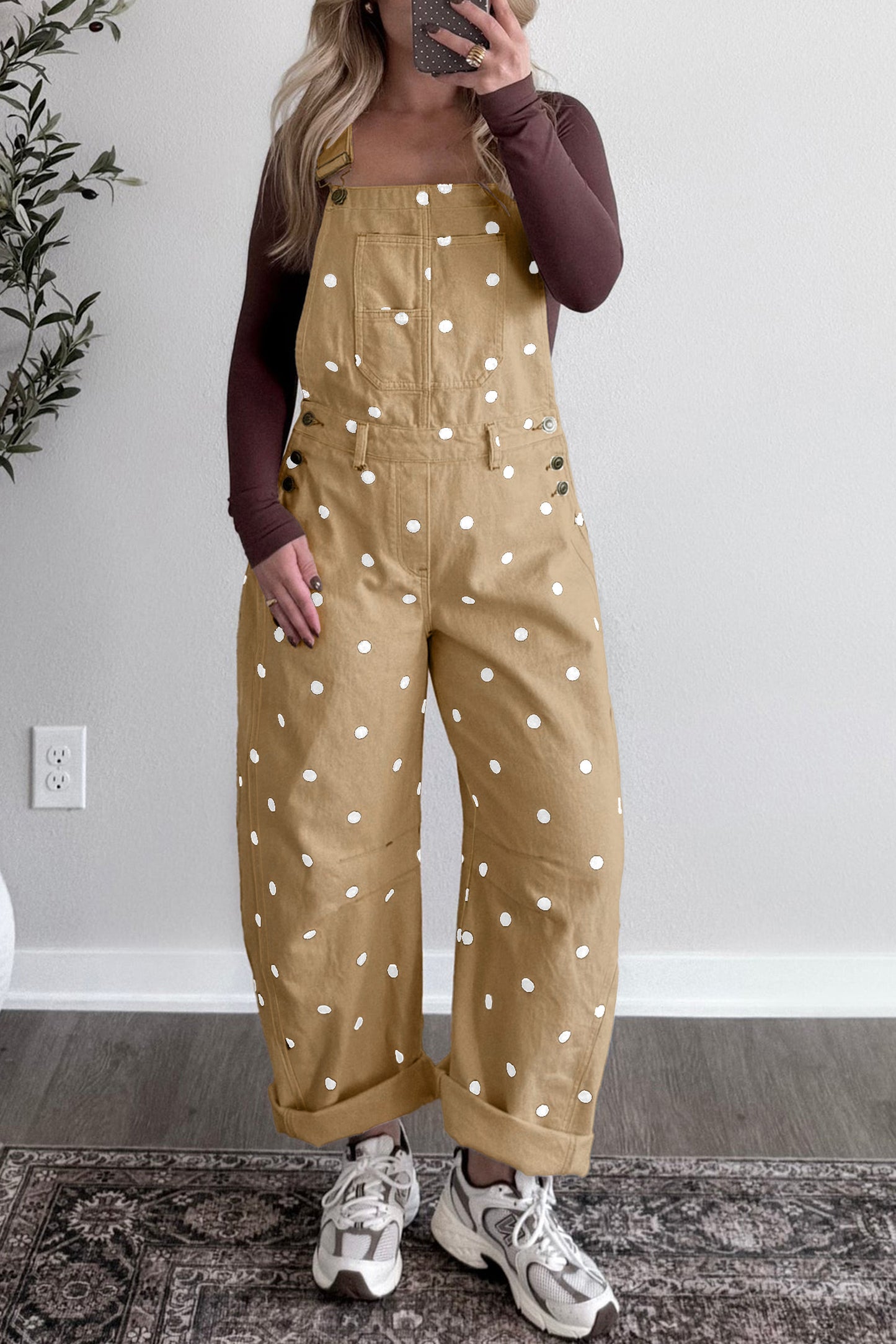 Jet Stream Polka Dot Print Bib Pocket Denim Barrel Overalls Jumpsuit
