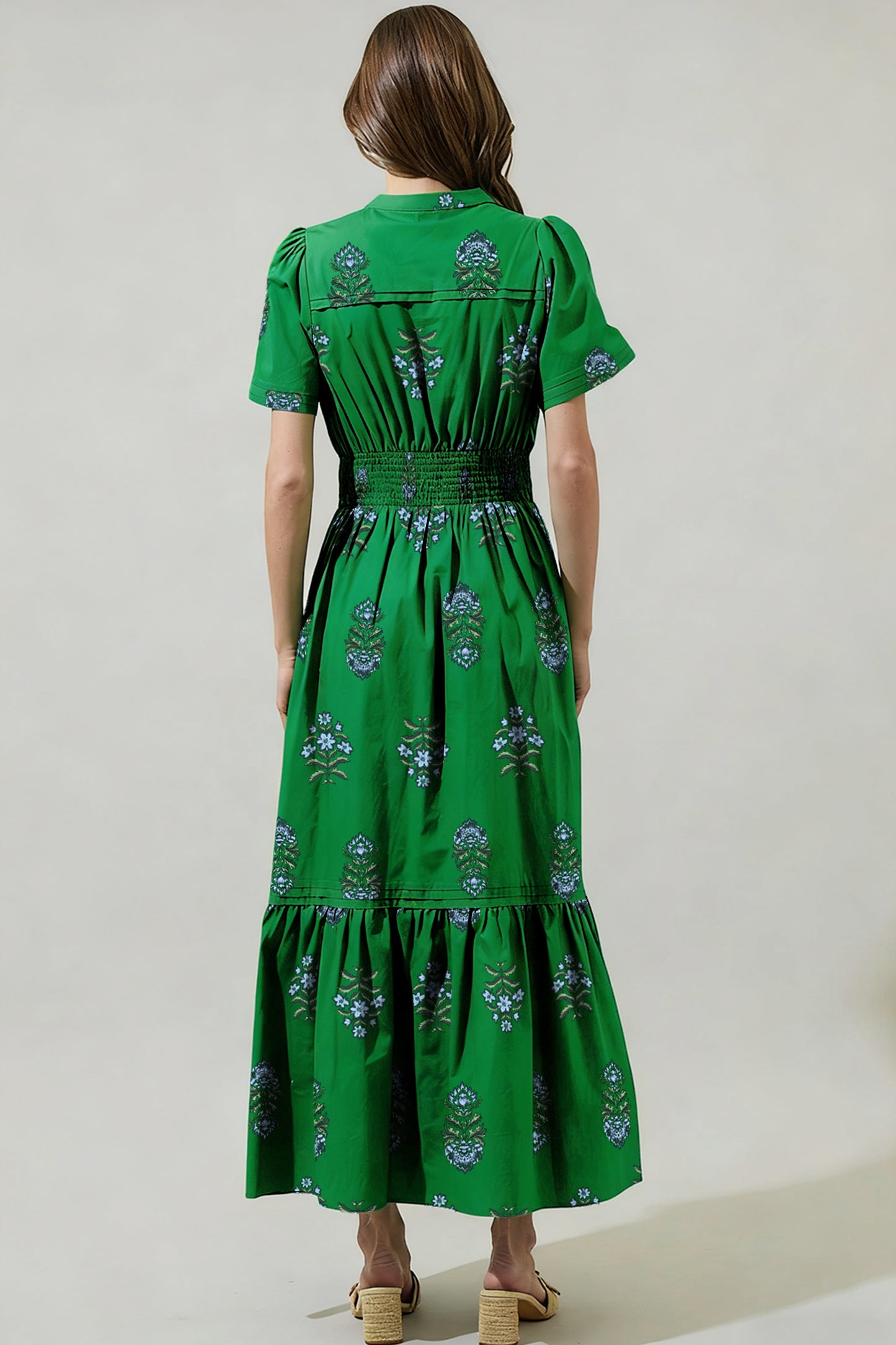White Floral Print Split Neck Shirred High Waist Ruffle Hem Maxi Dress