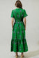White Floral Print Split Neck Shirred High Waist Ruffle Hem Maxi Dress