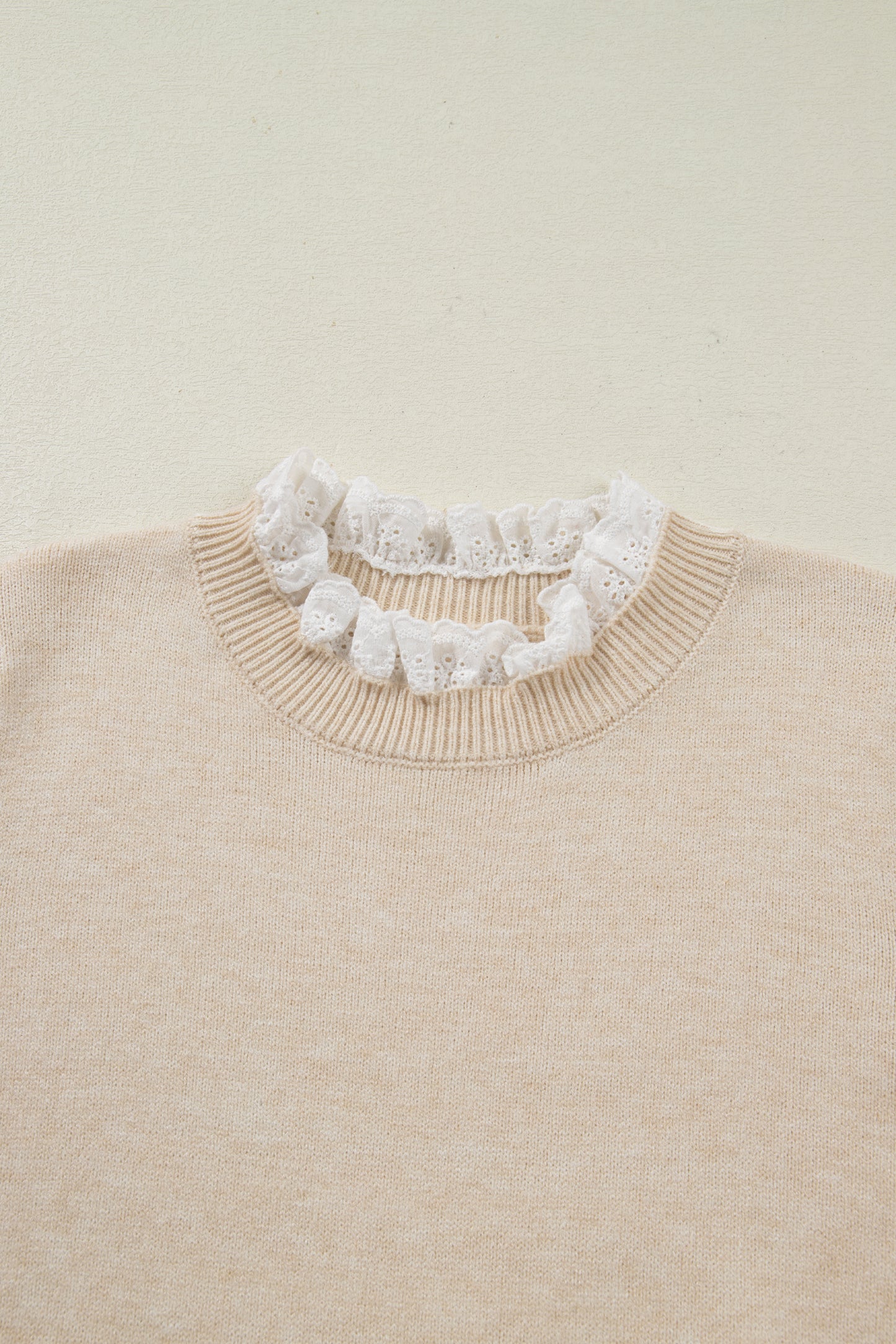 Racing Red Lace Trim Patchwork Buttoned Cuffs Loose Sweater