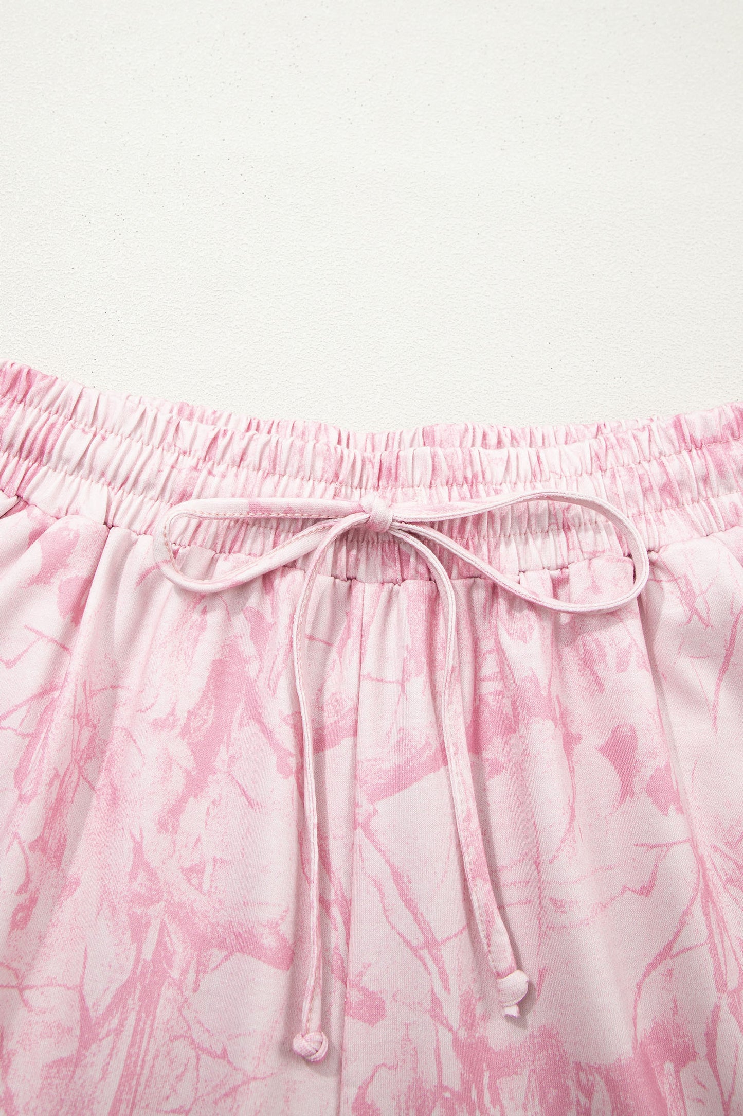 Pink Abstract Print V Neck Loose Tee Drawstring Shorts 2pcs Outfit