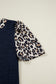 Navy Blue Ribbed Contrast Leopard Patchwork Short Sleeve Top
