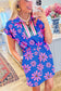 Purple Floral Striped Quarter Zip Cap Sleeve Drawstring Waist Mini Dress