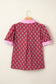 Red Contrast Collared V Neck Ricrac Trim Short Puff Sleeve Flower Blouse