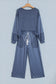 Real Teal Raw Seam Patchwork Long Sleeve Top Pocket Casual Pants 2pcs Set