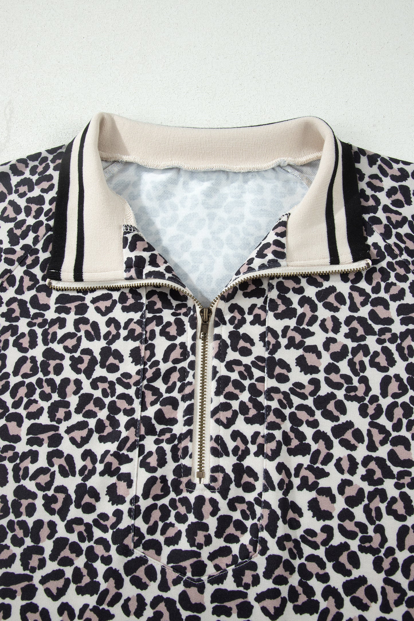 Brown Plus Size Leopard Print Striped Webbing Patchwork Half Zip Blouse