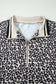 Brown Plus Size Leopard Print Striped Webbing Patchwork Half Zip Blouse