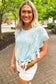 Beau Blue Pointelle Knit Patterned Scalloped Trim Short Sleeve Sweater