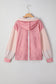 Pink Floral Patched Waffle Textured Colorblock V Neck Casual Hooded Top