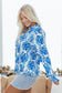Sky Blue Ethnic Printed Tie Split Neck Button Front Puff Sleeve Shirt