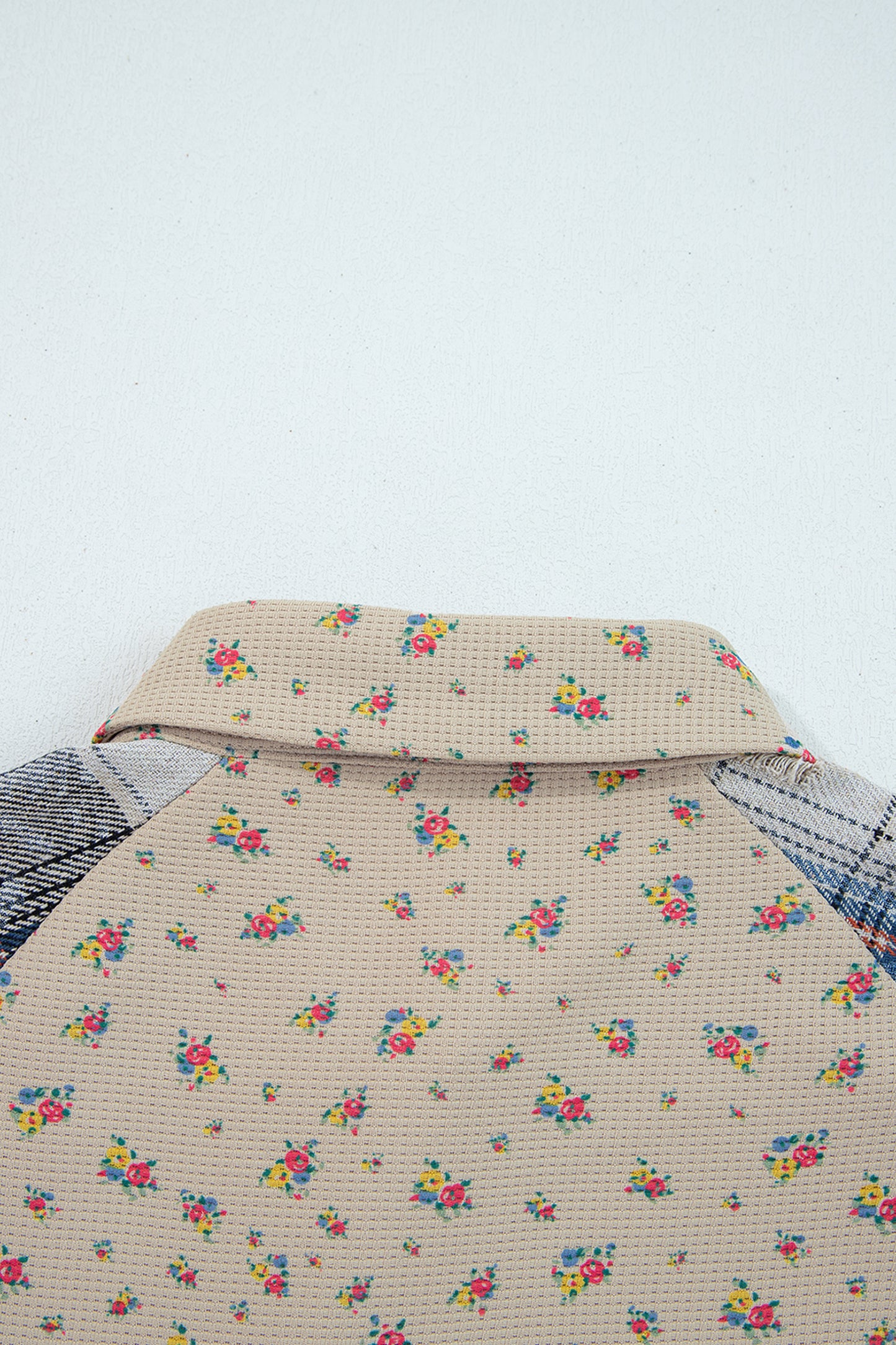 Oatmeal Boho Floral Plaid Patchwork Distressed Detail Ruffled Sleeve Waffle Knit Shacket