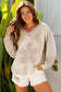 Pink Floral Patched Waffle Textured Colorblock V Neck Casual Hooded Top