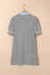 Black Stripe Contrast V Neck Collared Puff Sleeve T Shirt Mini Dress with Pockets