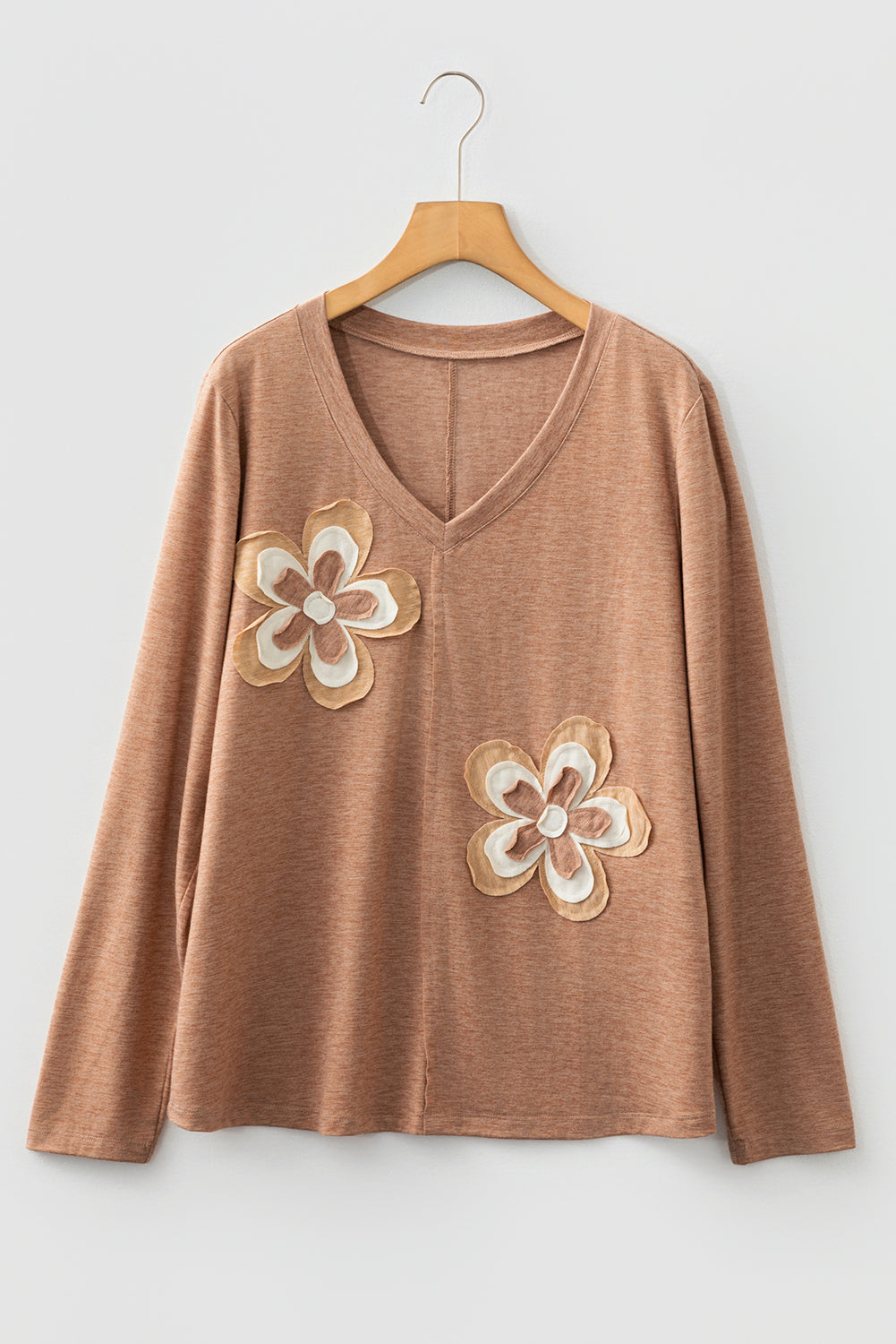 Fresh Salmon Floral Patchwork V Neck Long Sleeve T Shirt