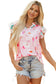 Multicolour Contrast Floral Patchwork Notched Neck Flutter Sleeve Blouse