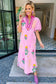 Pink Floral Print Short Sleeve Colorblcok Trim V Neck Midi Dress