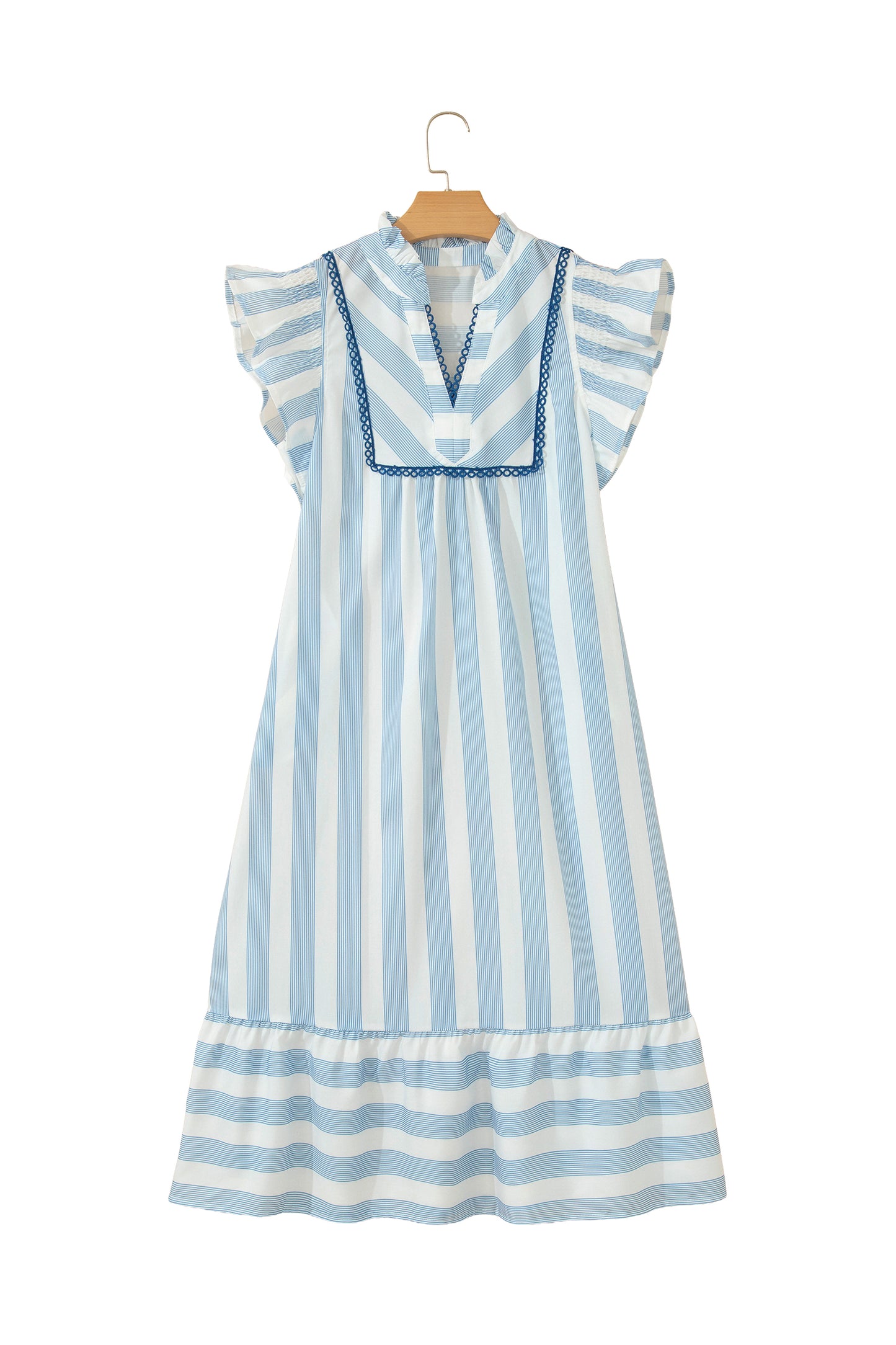 Sky Blue Stripe Subtle Lace Detail V Neck Ruffle Trim Casual Dress
