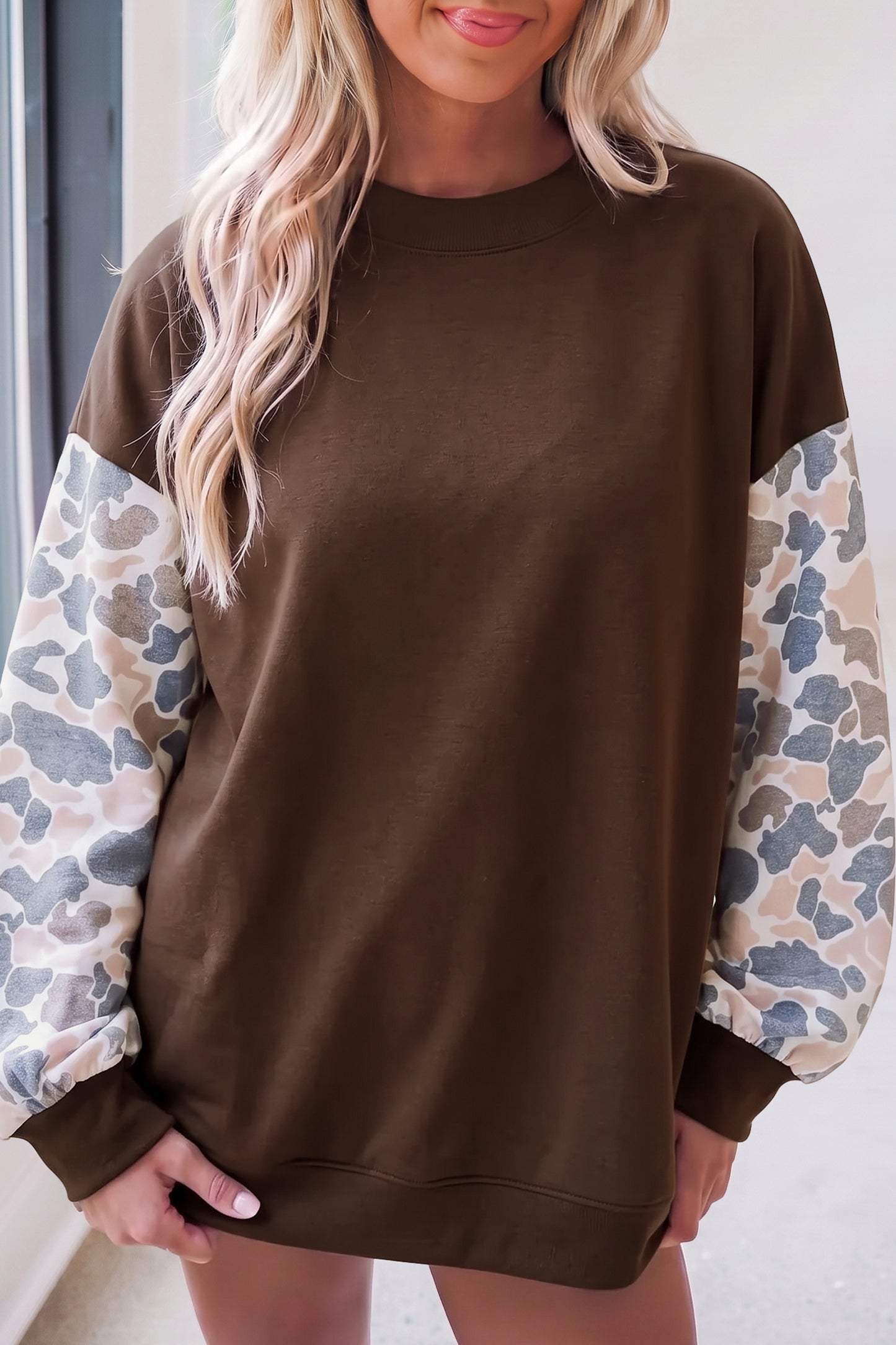 Beige Camouflage Sleeve Crewneck Baggy Pullover Sweatshirt