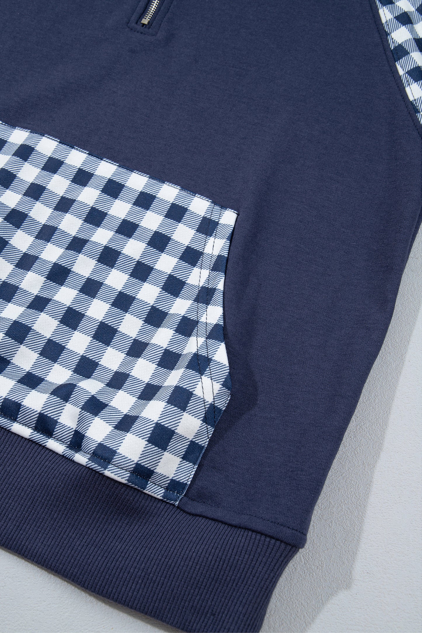 Navy Blue Patchwork Plaid Pocket Quarter Zip Sweatshirt