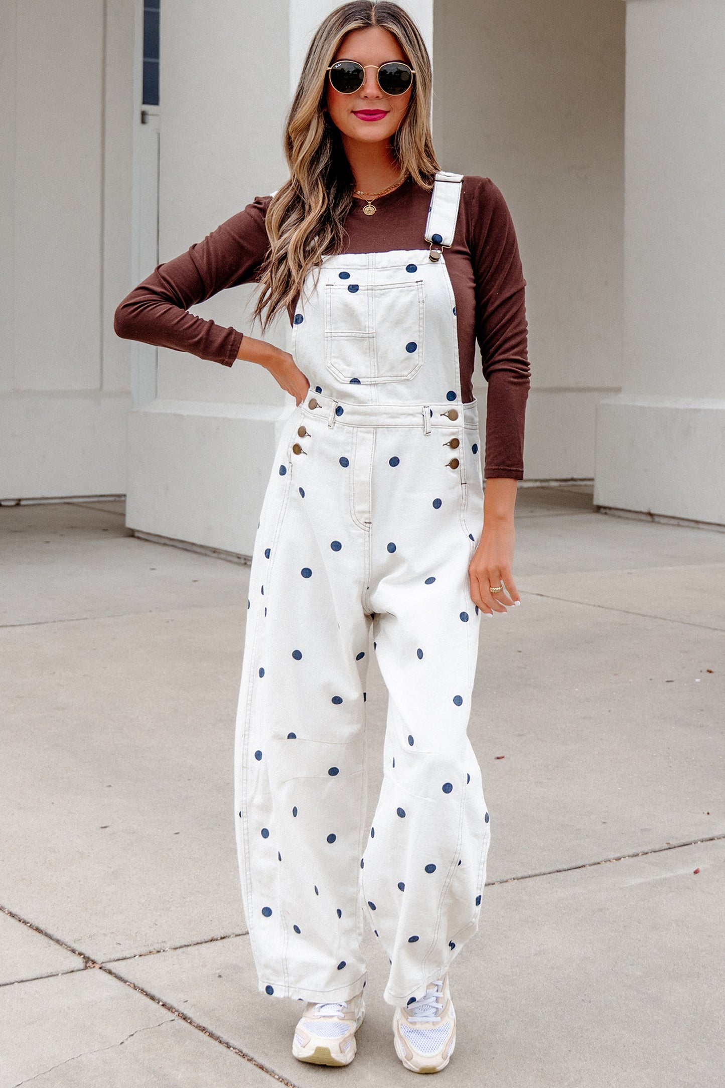 Jet Stream Polka Dot Print Bib Pocket Denim Barrel Overalls Jumpsuit