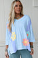 Pink Flower Patched Exposed Seam Bracelet Sleeve Oversized T Shirt