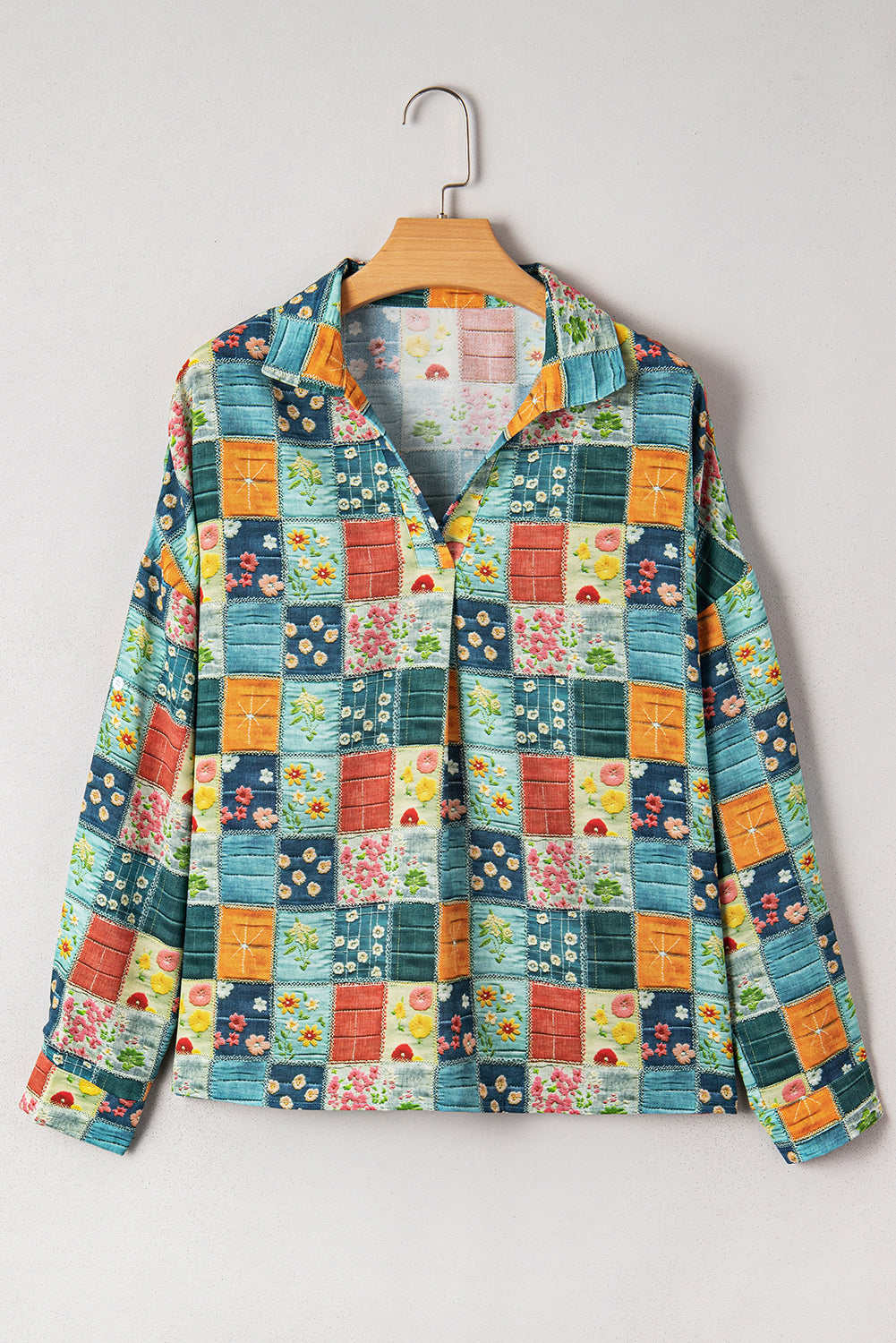 Sky Blue Floral Collared V Neck Roll up Sleeve Shift Blouse