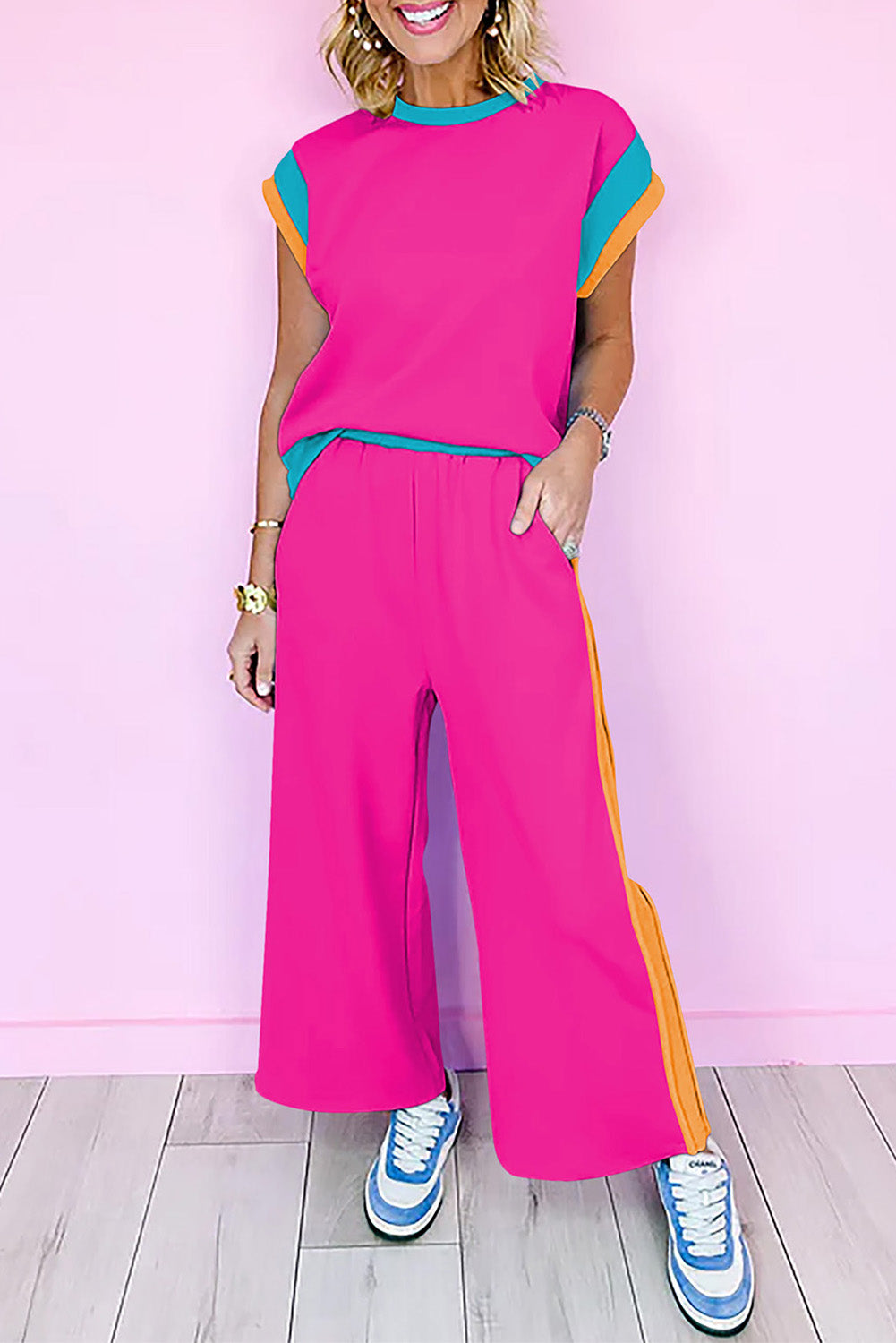 White Color Block Detail Casual Two-piece Set