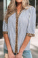 Pink Stripe Leopard Trim V Neck Button Down Half Sleeve Shirt