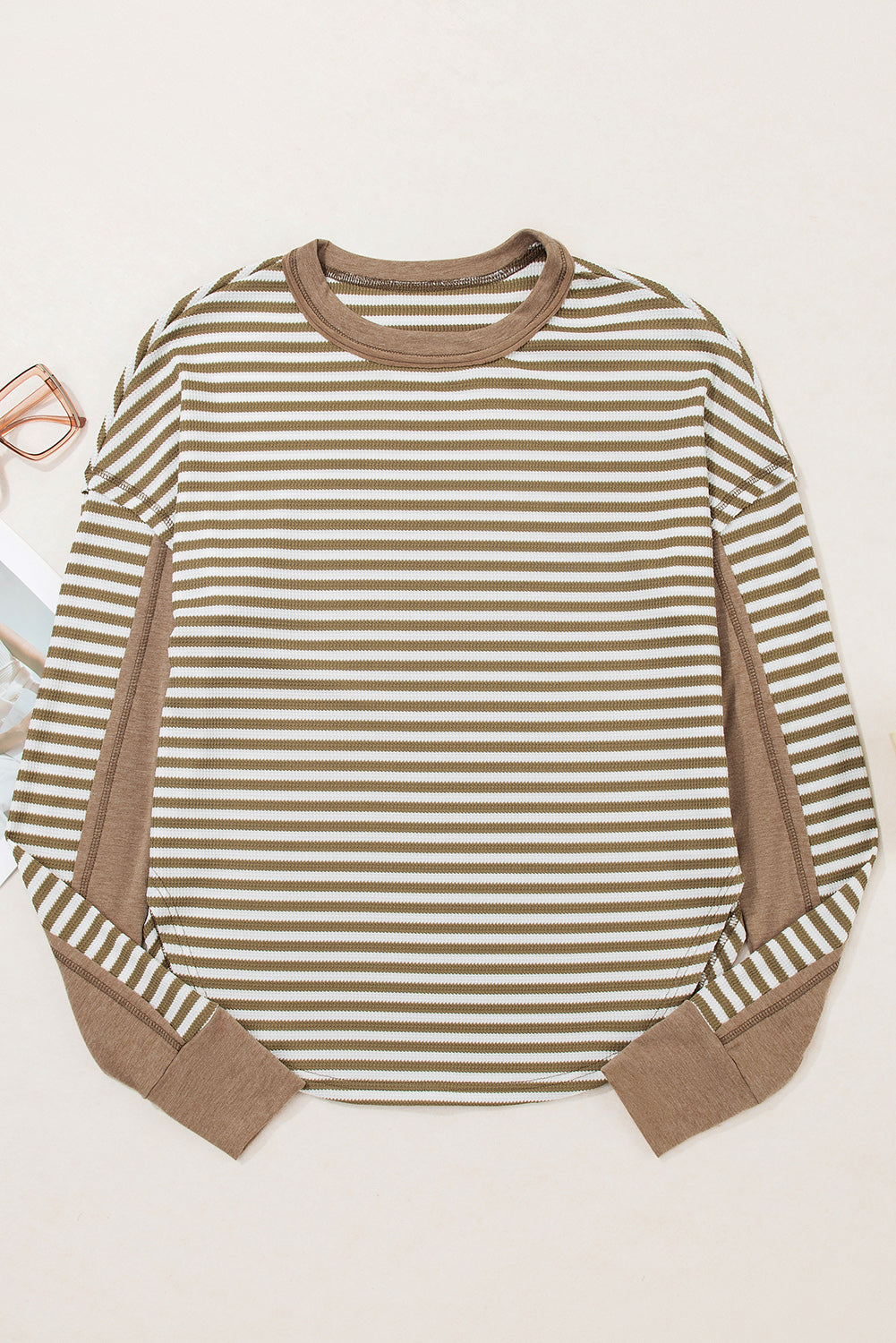 Black Stripe Thermal Knit Drop Shoulder Casual Top