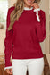 Racing Red Lace Trim Patchwork Buttoned Cuffs Loose Sweater