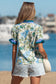 Beige Floral Print Contrasted Frilled Striped Trim Short Sleeve Blouse