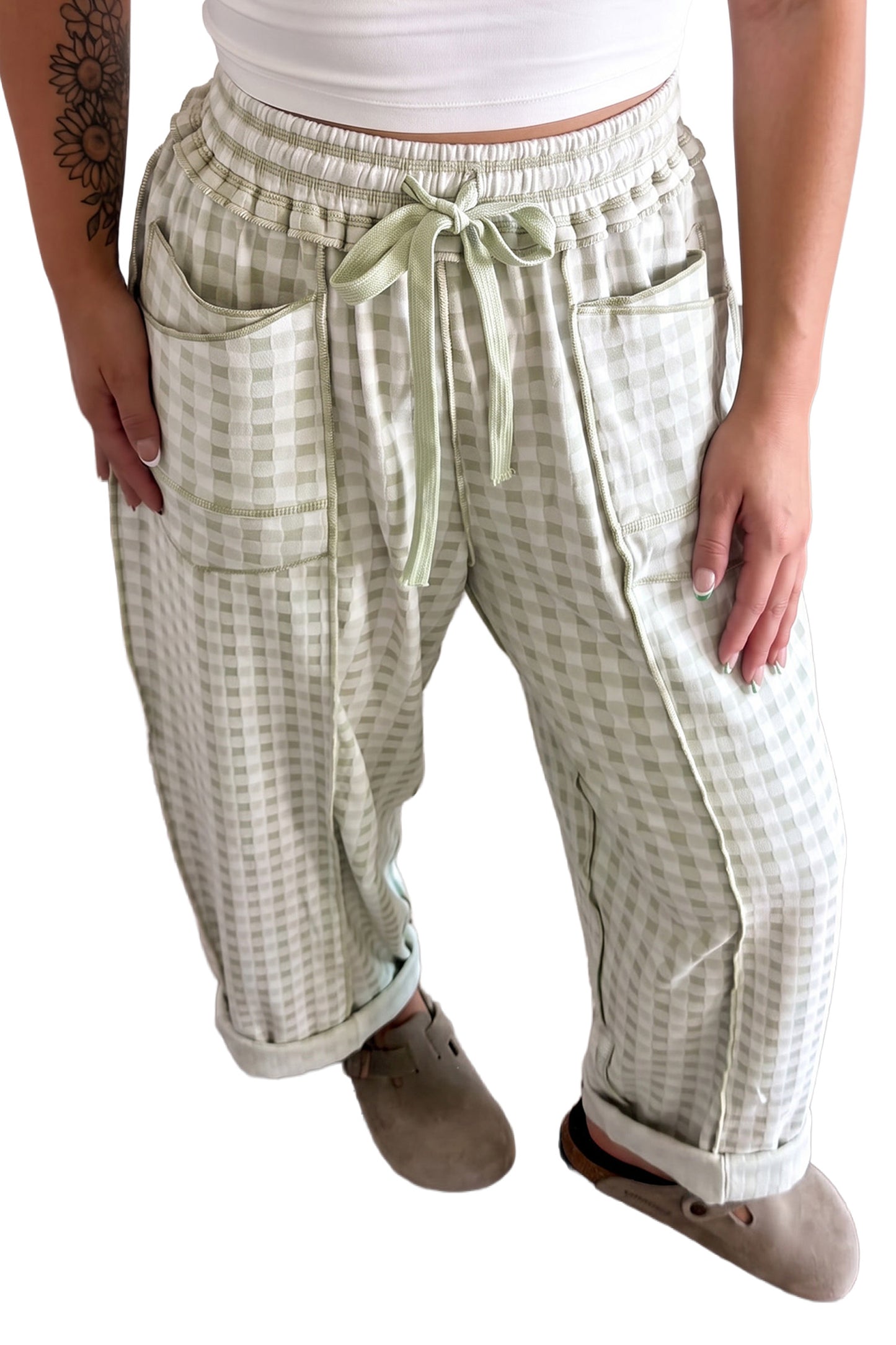 Red Plaid Contrast Trim Drawstring Elastic Waist Shift Pants